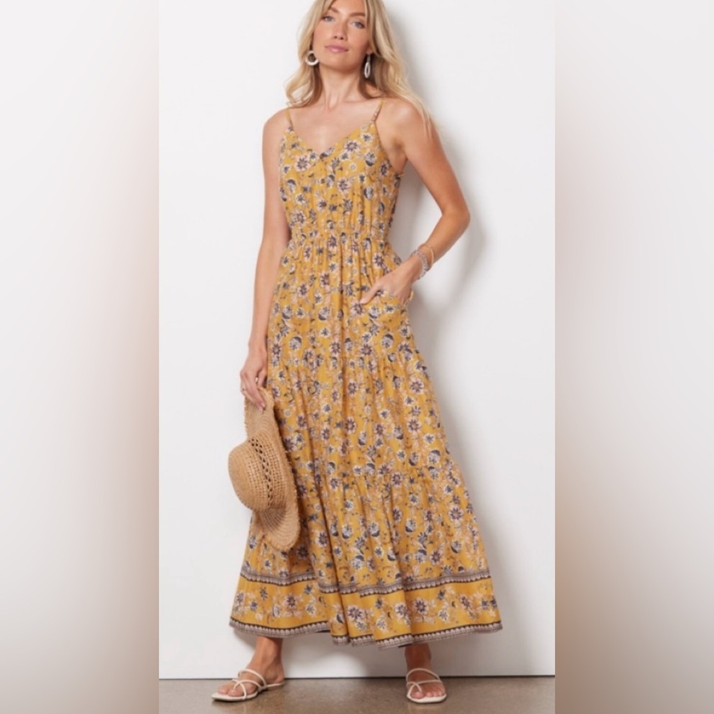 Evereve Mustard Floral Spaghetti-Strap Maxi Dress